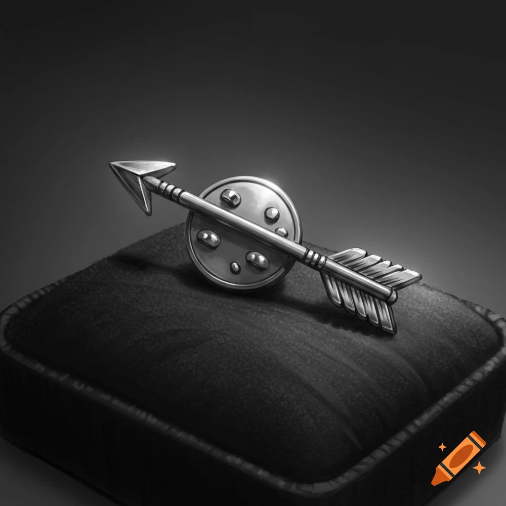 A monochrome metallic pin featuring an arrow piercing a circular shield, resting on a dark, textured cushion.