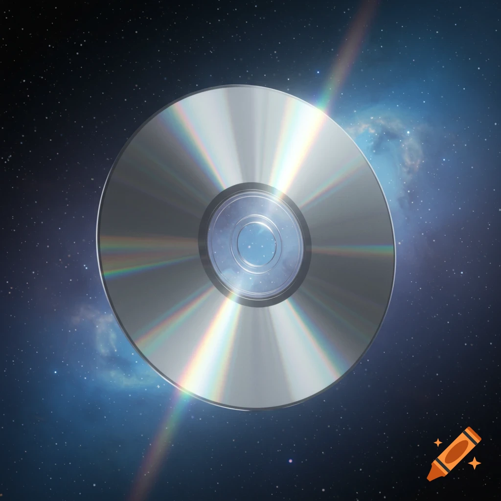 A silver compact disc (CD) floats in deep space, reflecting colorful light from a distant star against a backdrop of twinkling stars and a blue nebula.