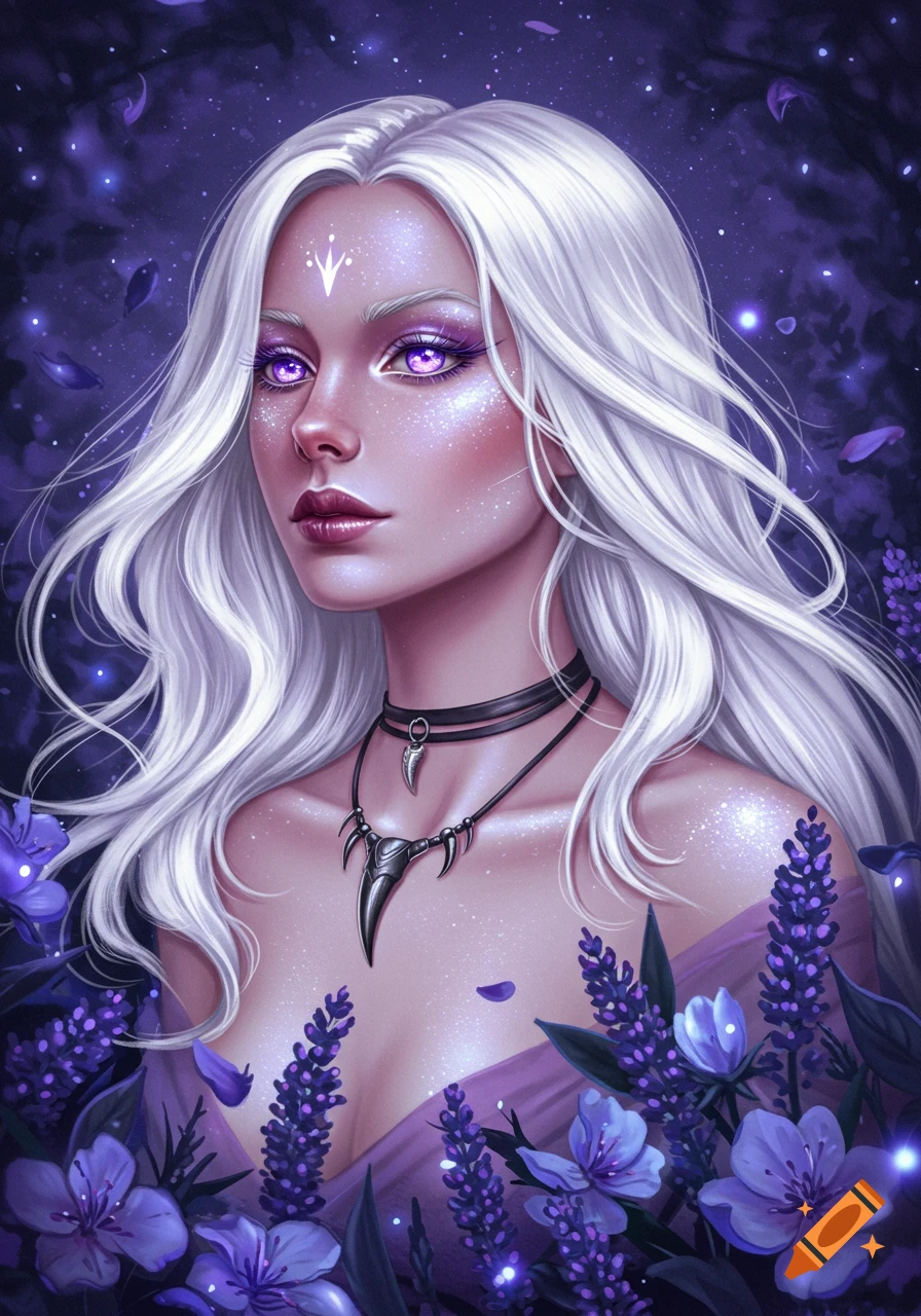 Digital painting of a fantasy woman with white hair, glowing purple eyes, and a tooth necklace, surrounded by purple flowers.