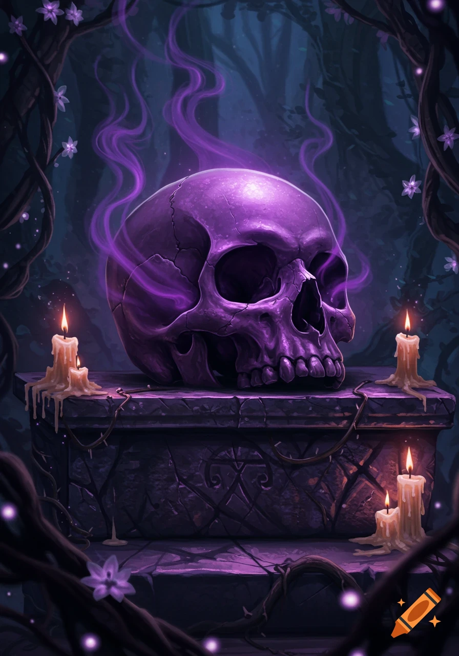 A stylized purple skull on a stone altar, surrounded by lit candles, purple smoke, and dark vines in a mystical forest.