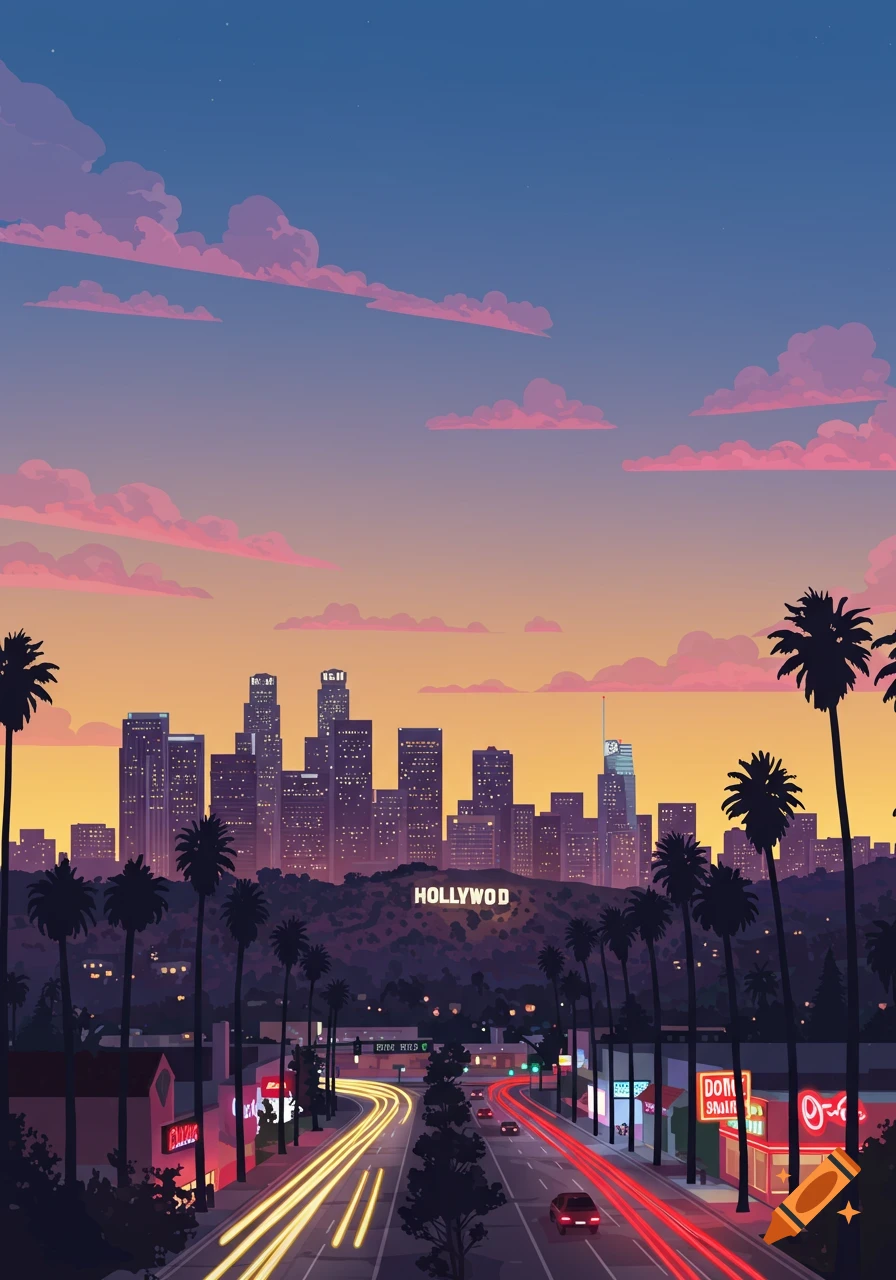 Stylized illustration of the Los Angeles skyline at sunset with the Hollywood sign, palm trees, and car light trails.