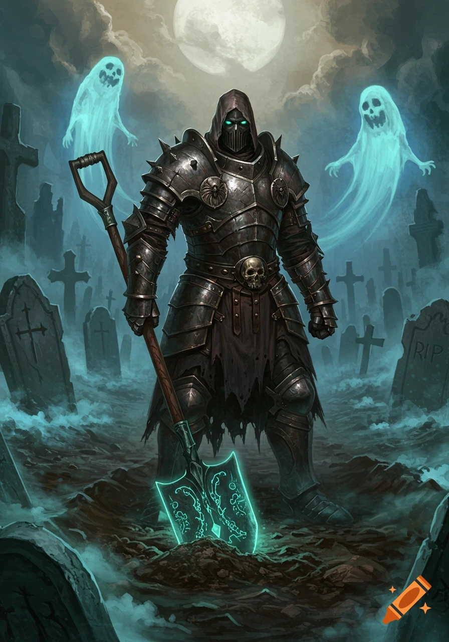 A dark armored grave digger with glowing eyes holds an enchanted shovel in a misty graveyard with ghosts and a full moon, in a dark fantasy art style.