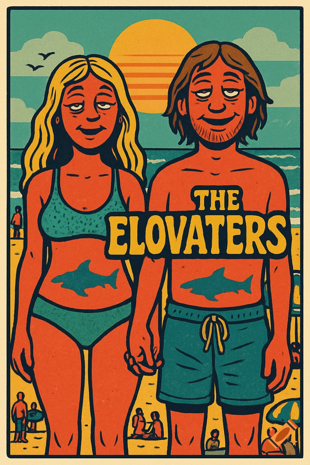 Retro concert poster cartoon of a man and woman with droopy eyes on a beach, holding hands. Text reads "THE ELOVATERS".
