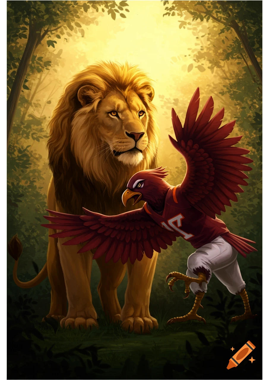 An illustrated golden lion stands majestically in a sunlit forest behind a confrontational red hokie bird in a jersey.