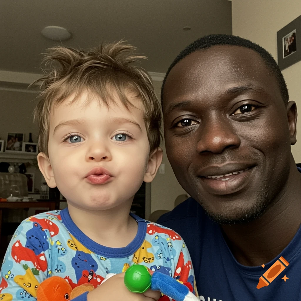 A man and a young boy take a selfie, the boy puckering his lips while holding a toy, the man smiling.