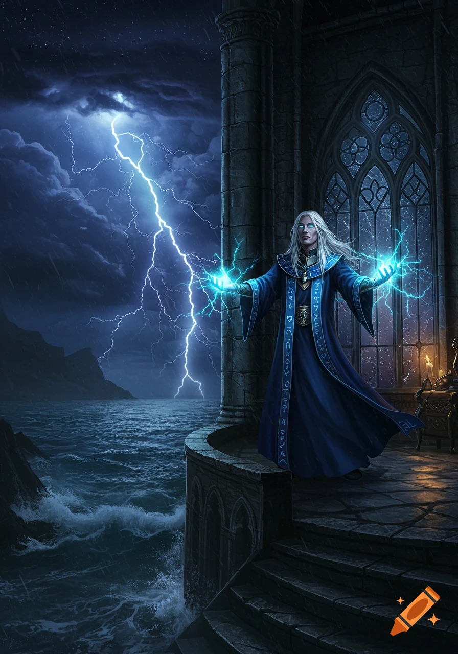 A wizard with long white hair in a blue robe stands on a stone balcony by a stormy sea, casting bright blue lightning from his hands at night. Gothic windows are behind him.