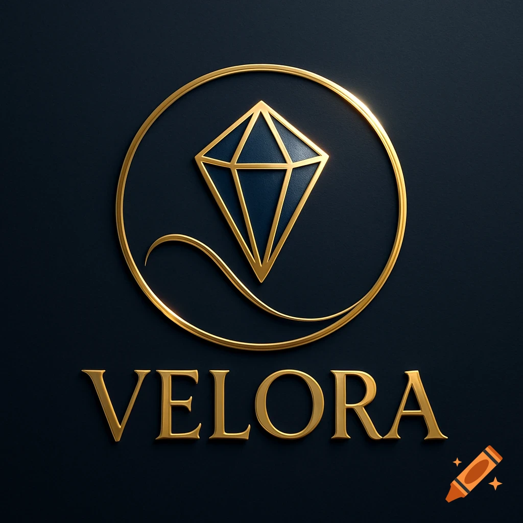 Gold diamond logo inside a circle with 'VELORA' text on a dark blue background.