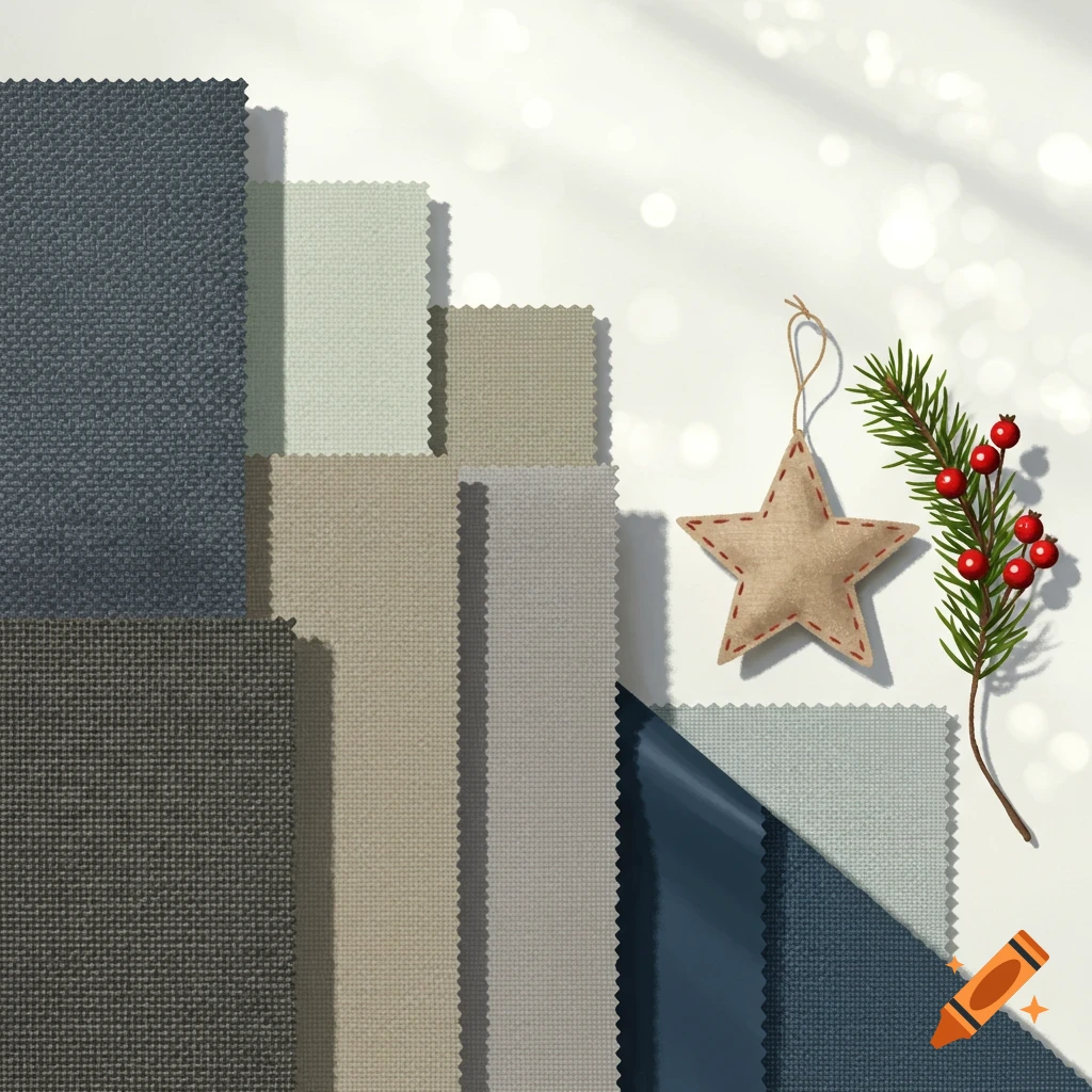 Fabric swatches in various colors and textures, with a fabric star ornament and pine branch with red berries on a white background.