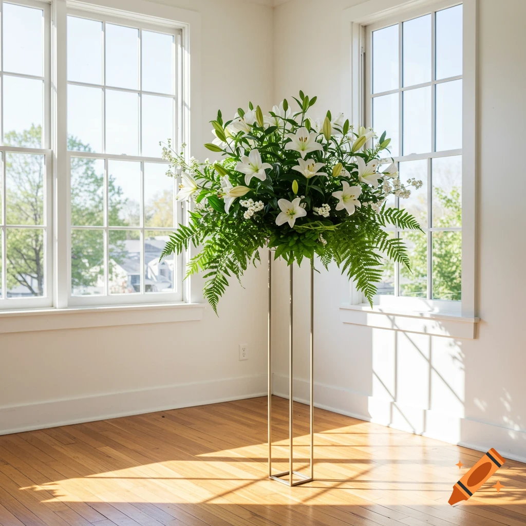A tall metal stand holds a lush arrangement of white lilies and green ferns in a bright room with wooden floors and large windows.