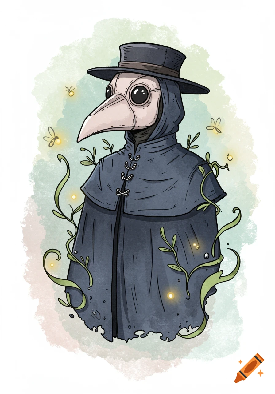 Stylized plague doctor in a dark cloak and hat, surrounded by green vines and glowing fireflies, on a soft watercolor background.