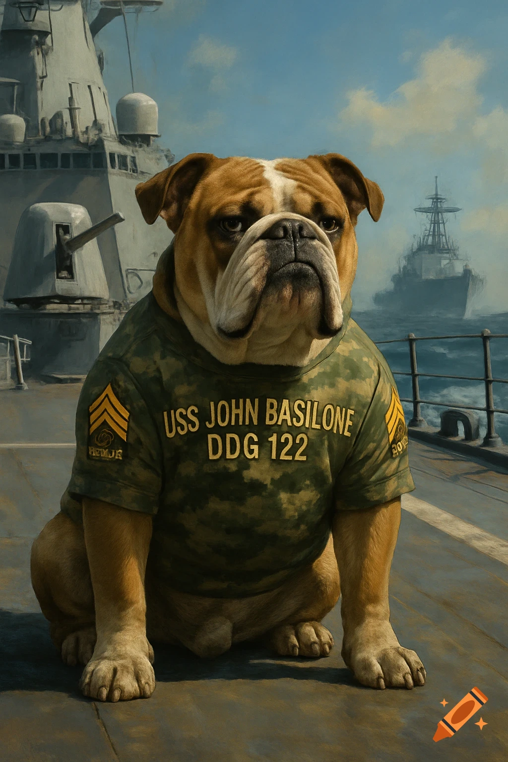 A stoic bulldog wearing a camouflage jersey with "USS JOHN BASILONE DDG 122" and rank insignia sits on a US Navy destroyer, with another ship in the background, in a painterly style.