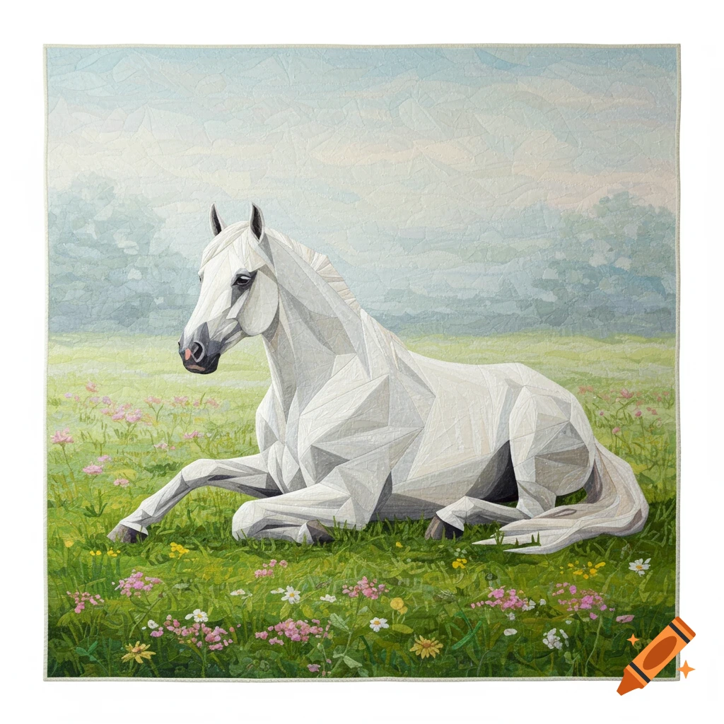 Geometric white horse laying in a grassy field with pink flowers, in a block quilting style.