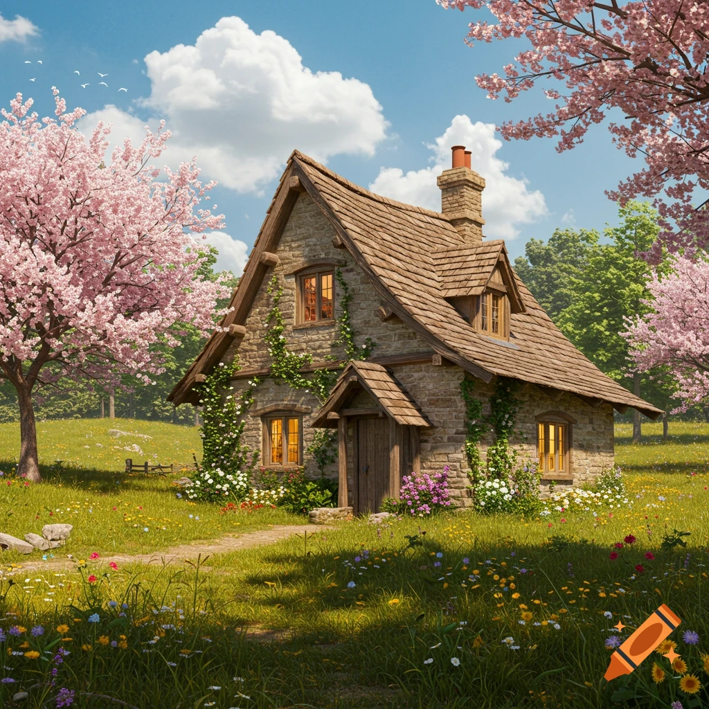 A picturesque stone cottage with a thatched roof, covered in ivy, nestled among pink blooming trees and colorful wildflowers under a blue sky.