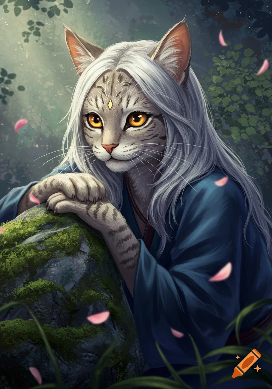 Fantasy illustration of a grey tabby cat-person with white hair and golden eyes, wearing a blue kimono, in a forest.