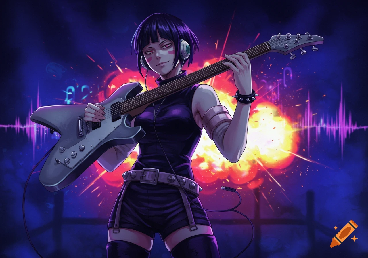 Anime character Kyoka Jiro playing an electric guitar against a vibrant purple and orange background with sound waves.