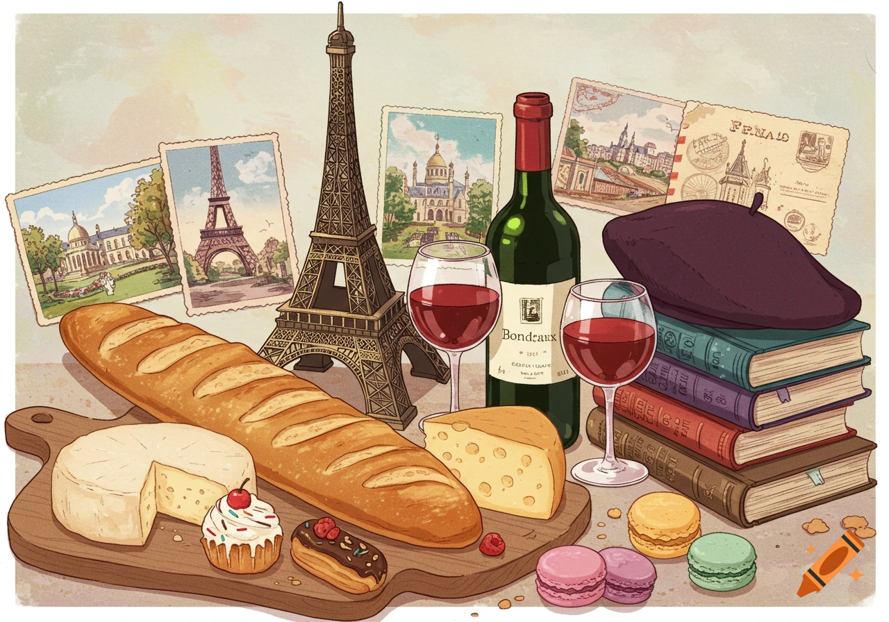 A colorful anime-style illustration of French objects including the Eiffel Tower, a baguette, cheese, wine, macarons, a beret, and postcards.