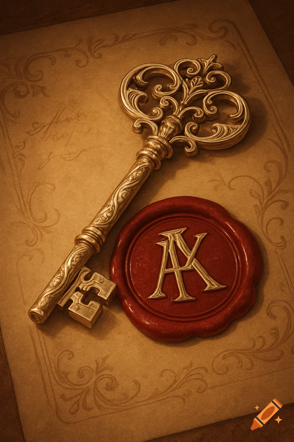 An ornate golden skeleton key and a red wax seal with the letters 'AK' rest on aged, decorative paper.