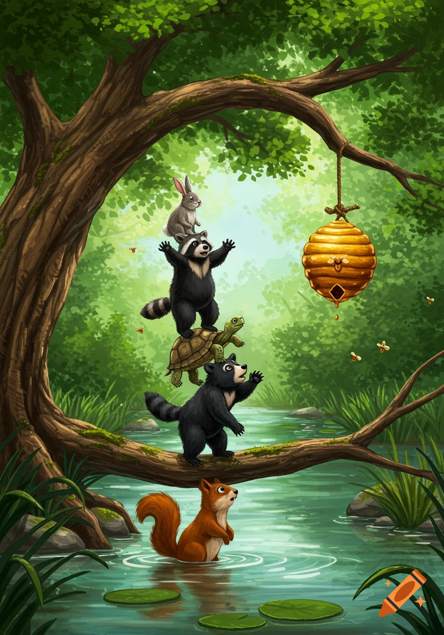 Cartoon illustration of a rabbit, raccoon, and turtle stacked on a bear, who is on a log over water with a squirrel, all reaching for a beehive.