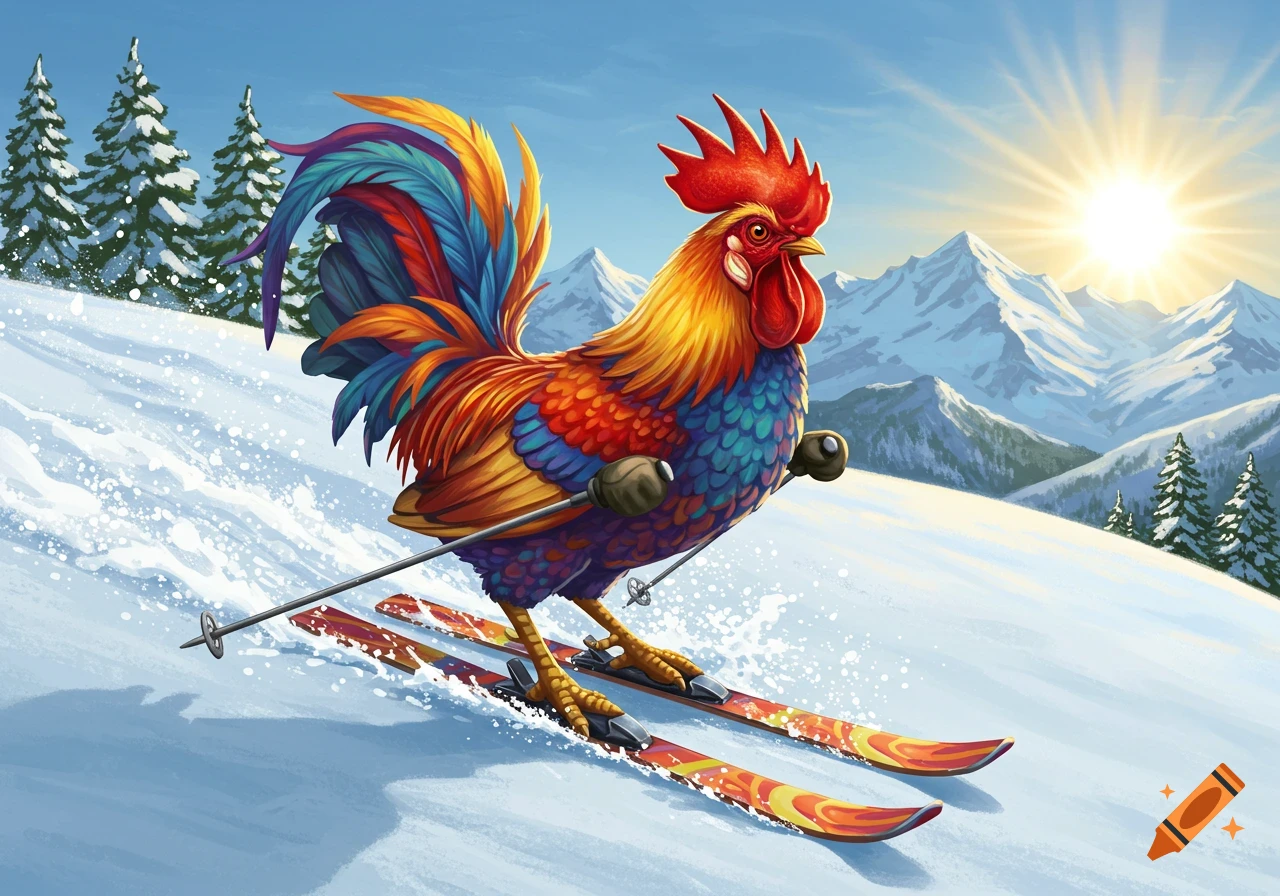 A vibrantly colored rooster on skis descends a snowy mountain slope with pine trees and sun in the background.