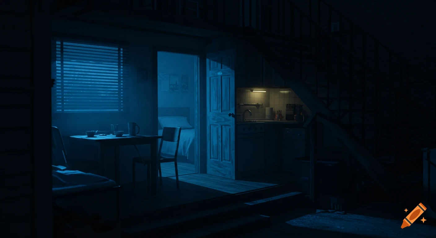 A dimly lit, moody interior of a small apartment at night, showing a table, kitchen area, and a bedroom beyond.