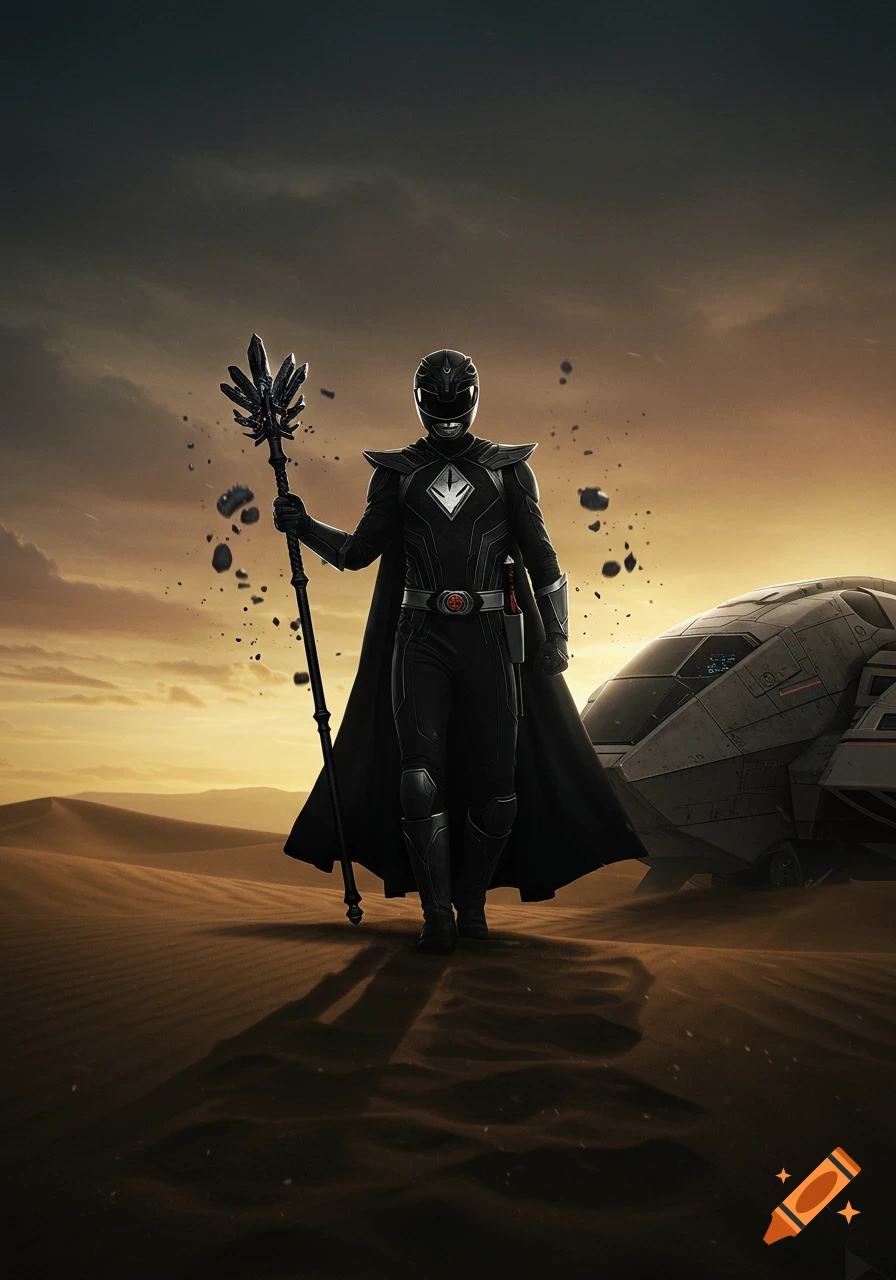 A black Power Ranger-like figure in a cape and helmet, holding a staff, stands in a desert with a crashed spaceship under a dramatic sky.