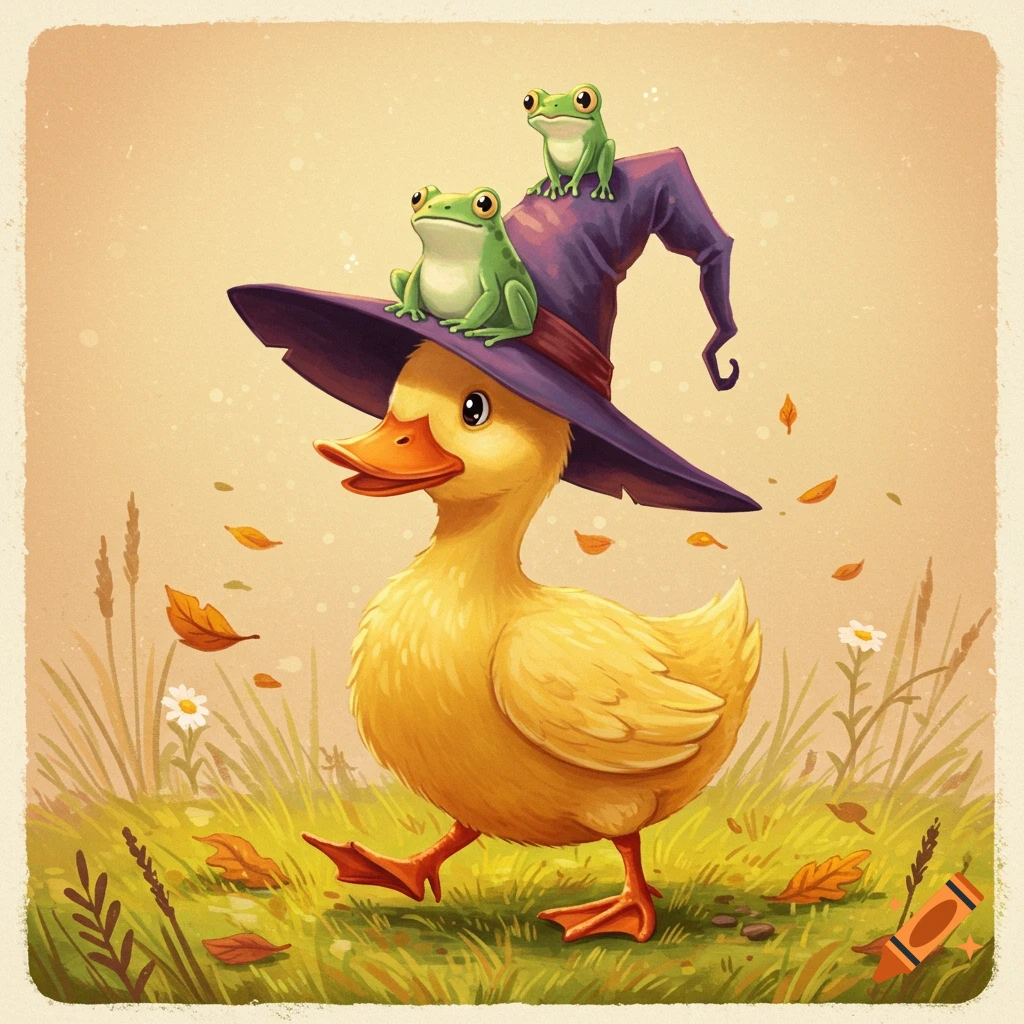 A cartoon duck wearing a purple witch's hat with two small green frogs sitting on it, walking through grassy terrain with fallen autumn leaves.