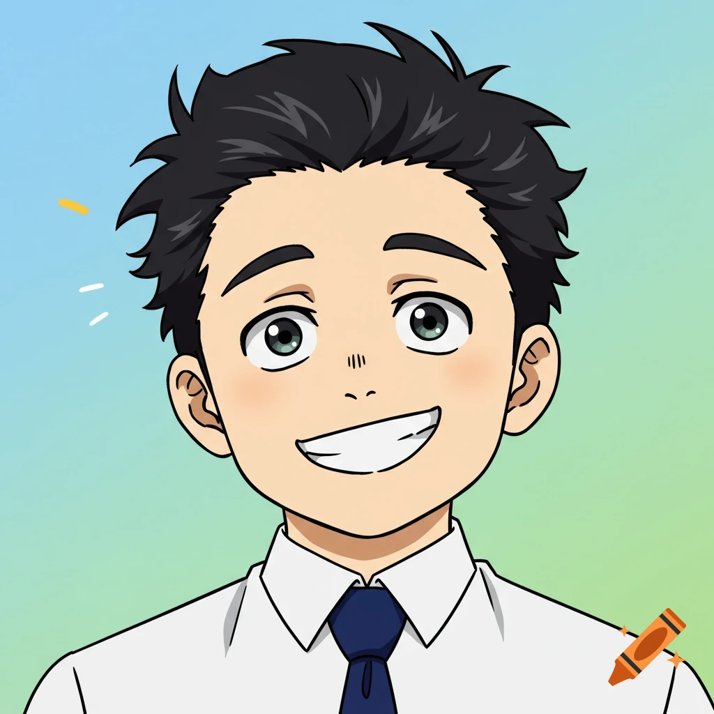 Anime-style portrait of a smiling young man in a white shirt and blue tie against a blue and green background.