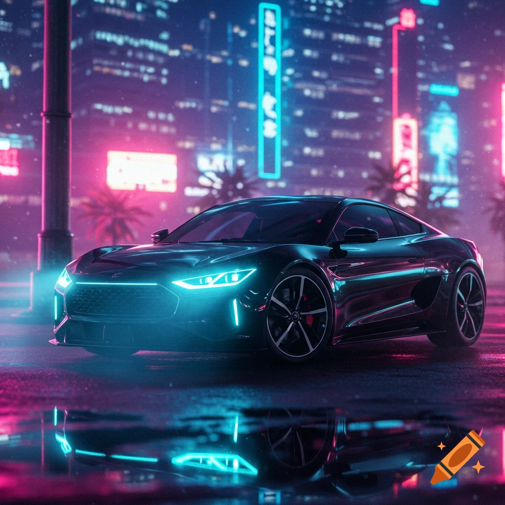 A sleek black sports car with neon blue lights on a wet street, reflecting pink and blue neon city lights in a futuristic cityscape at night.