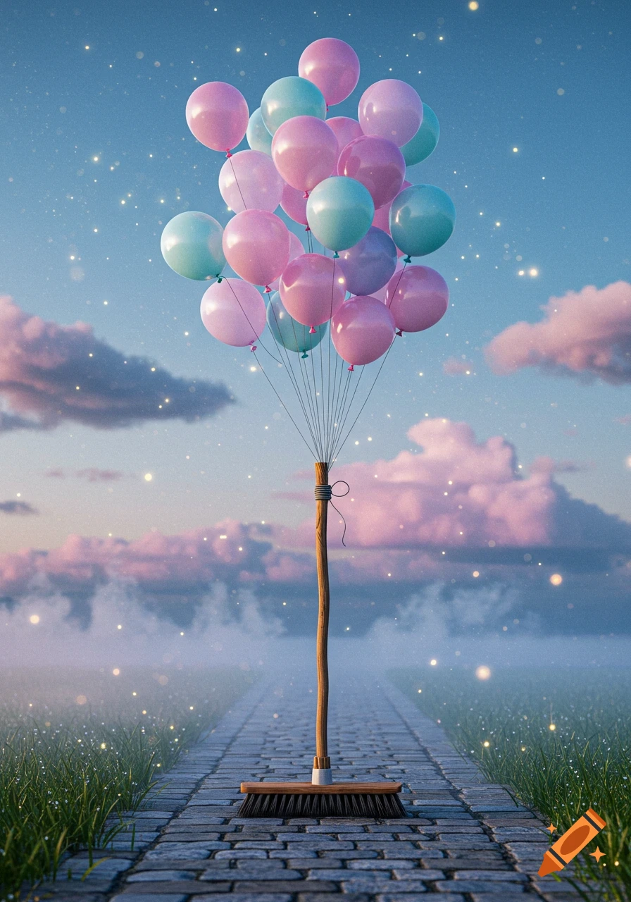 A broom lifted by a large bunch of pastel pink, teal, and purple balloons floats above a cobblestone path in a whimsical, misty, and starlit landscape.