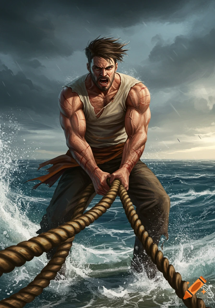 A muscular man with a torn shirt struggles to pull a thick rope in stormy, rough seas, depicted in a dramatic illustrative style.