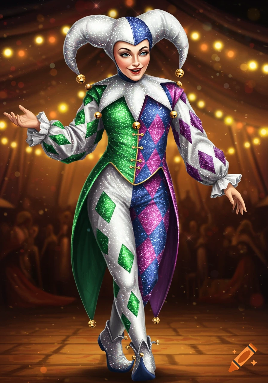 A vibrant, glittery jester in a white, green, blue, and purple diamond-patterned costume with a jester hat and bells, standing on a stage.