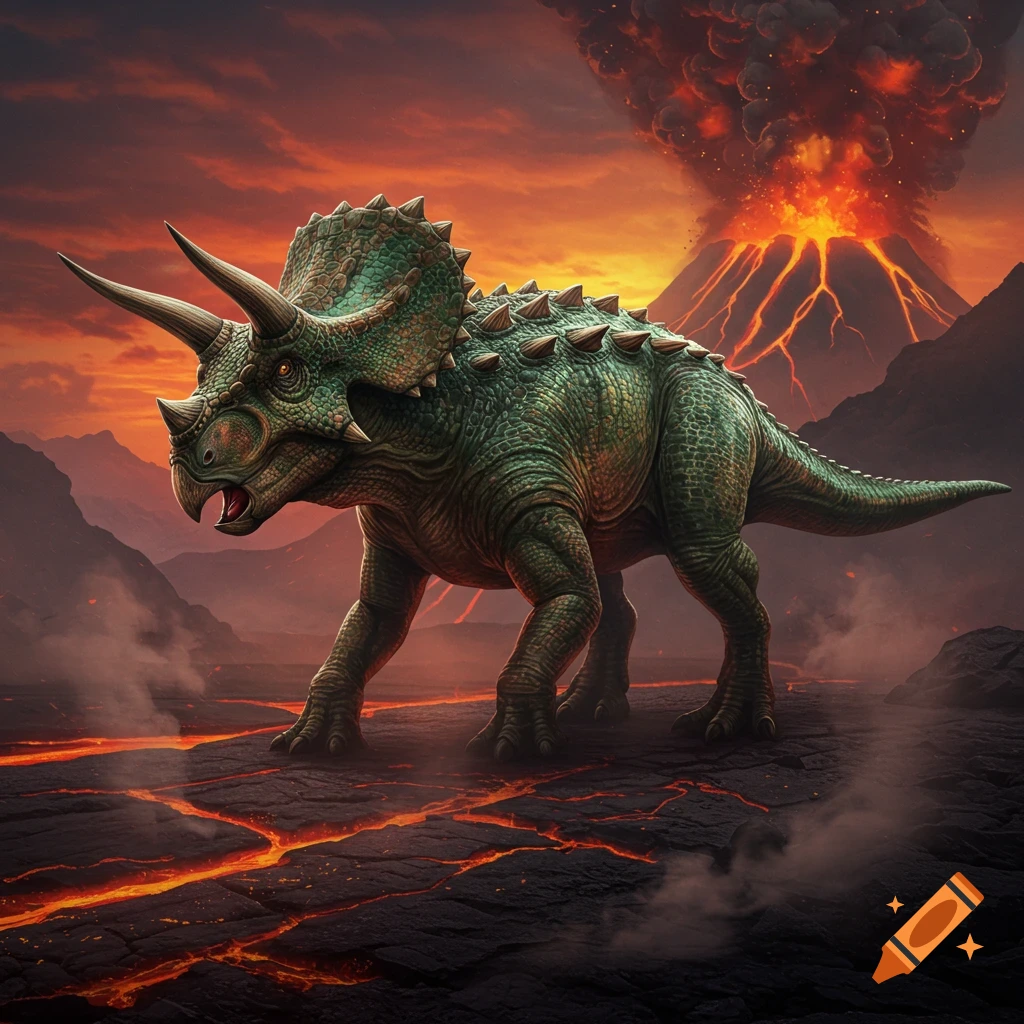 A green, horned dinosaur with spikes on its back stands on cracked lava ground, with an erupting volcano under a fiery red sky.