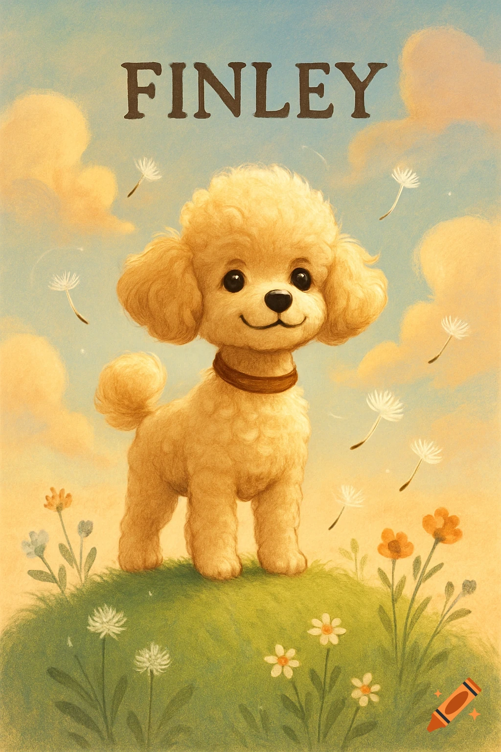 A whimsical storybook illustration of a cute blonde toy poodle named Finley standing on a grassy hill with flowers under a blue sky.