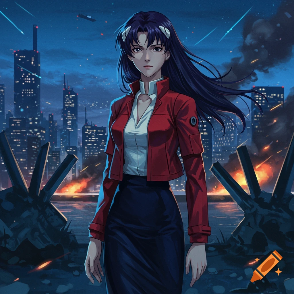 Anime woman in a red jacket and dark skirt stands in a devastated city at night with fires burning.