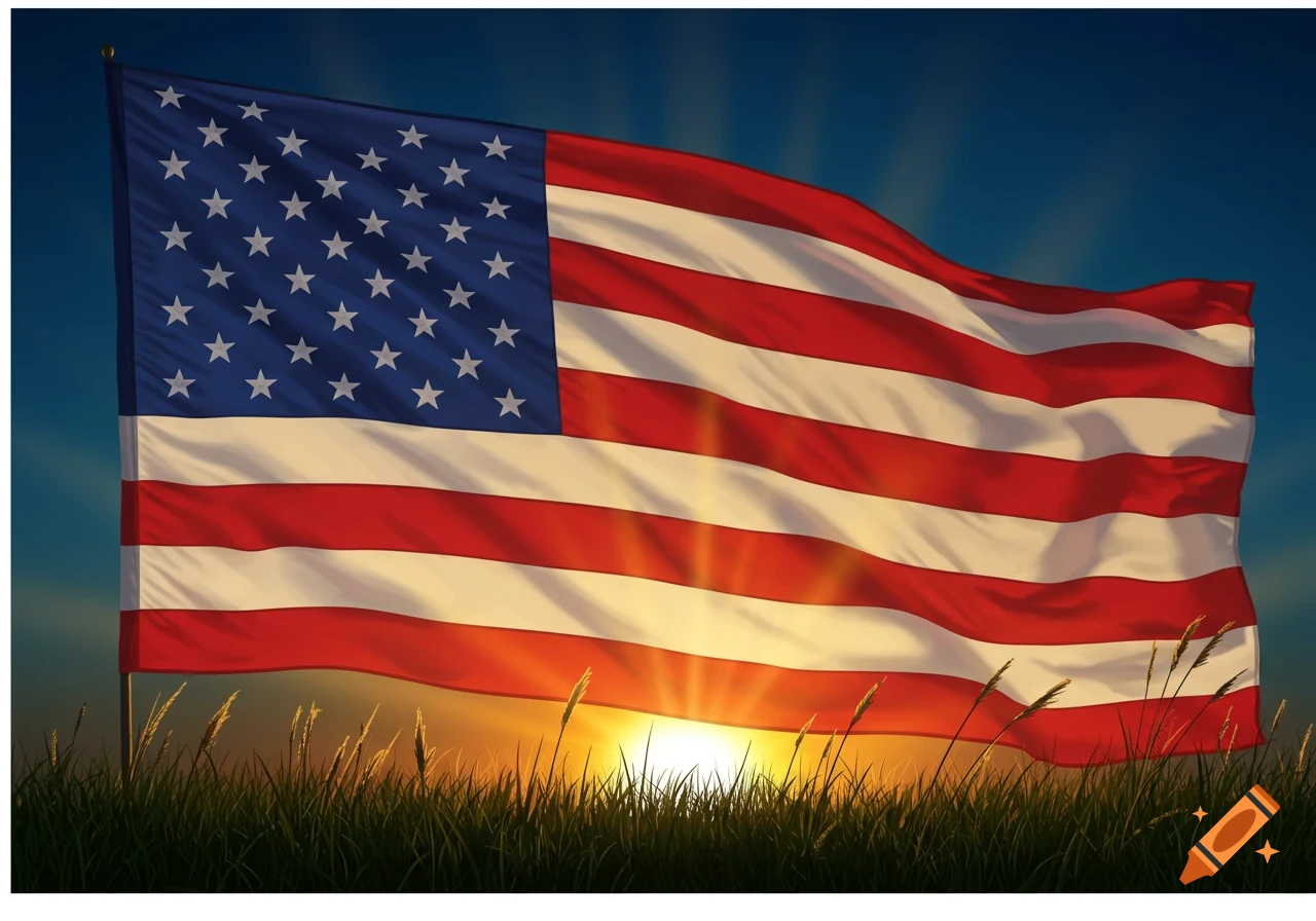 An American flag waves over a field of tall grass at sunset, with sunrays beaming from behind the flag.