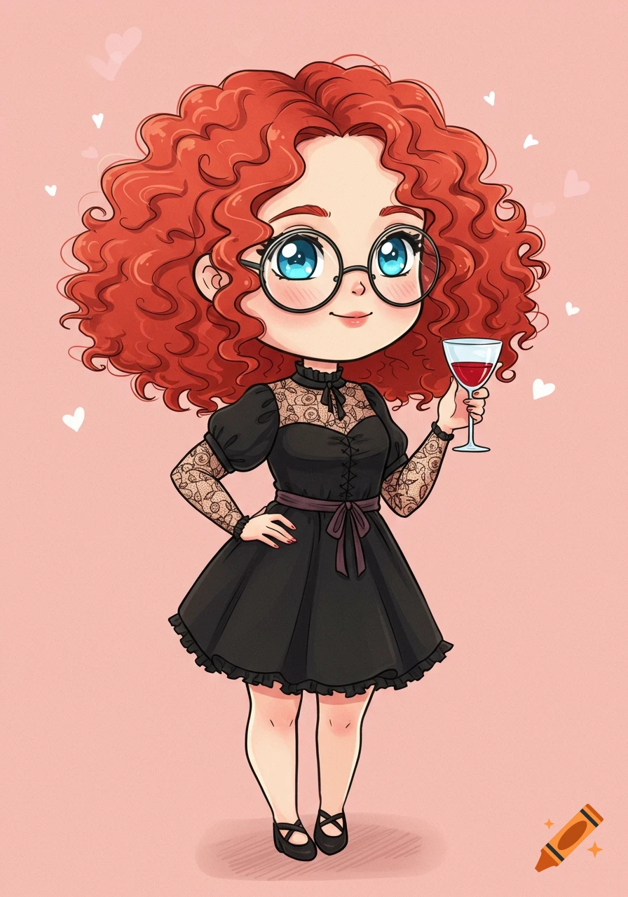 A cute chibi anime-style young woman with curly red hair, glasses, and sparkling blue eyes, wearing a black lace dress and holding a wine glass against a pink background.