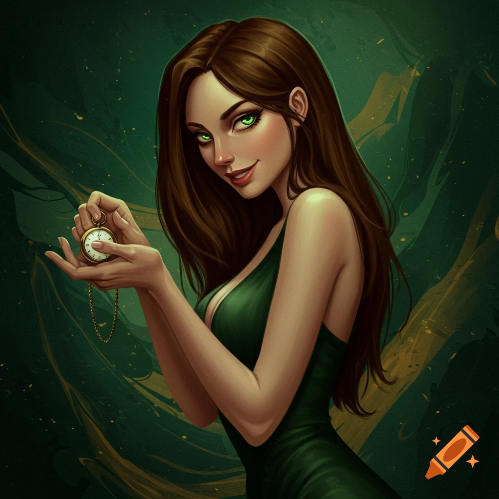 A stylized illustration of a woman with long brown hair, green eyes, and a smirk, wearing a green dress, holding a golden pocket watch.