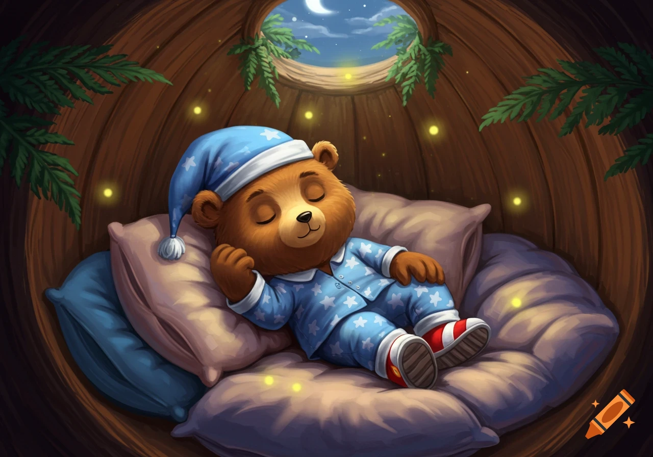 A cute cartoon bear in blue star pajamas and a nightcap peacefully sleeps on pillows inside a cozy tree hollow with fireflies.