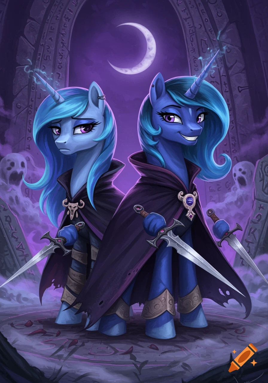 Two ponies, one with a deadpan expression and one with a sinister smile, wear dark cultist cloaks and hold daggers in a gothic setting with a crescent moon and ghostly figures.