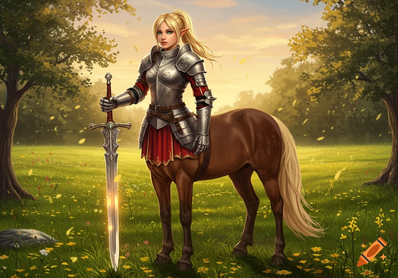 A blonde centaur knight in silver and red armor wields an ornate sword in a sunny, flower-filled meadow.