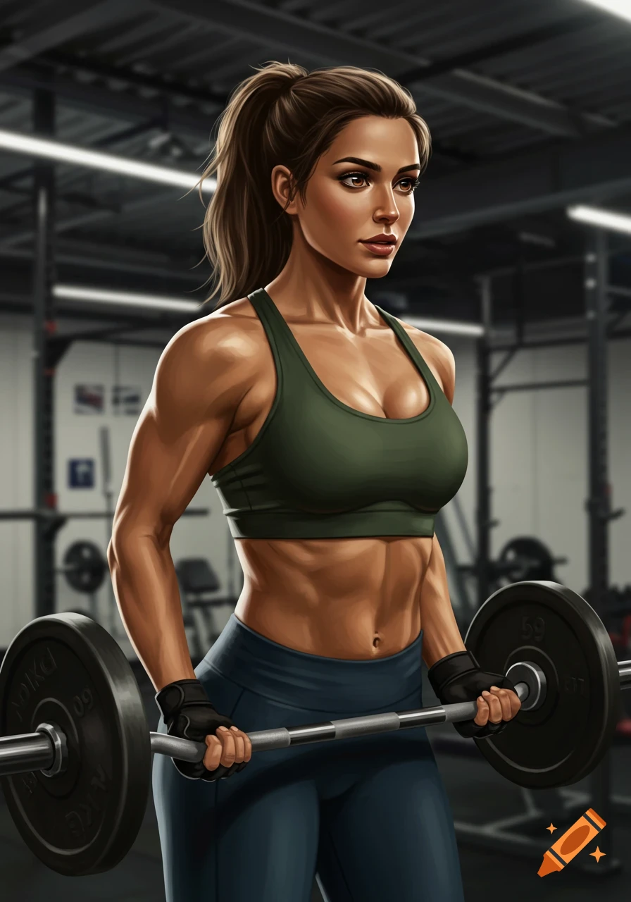A muscular woman in a green sports bra and blue leggings holds a barbell in a gym, rendered in a detailed digital art style.