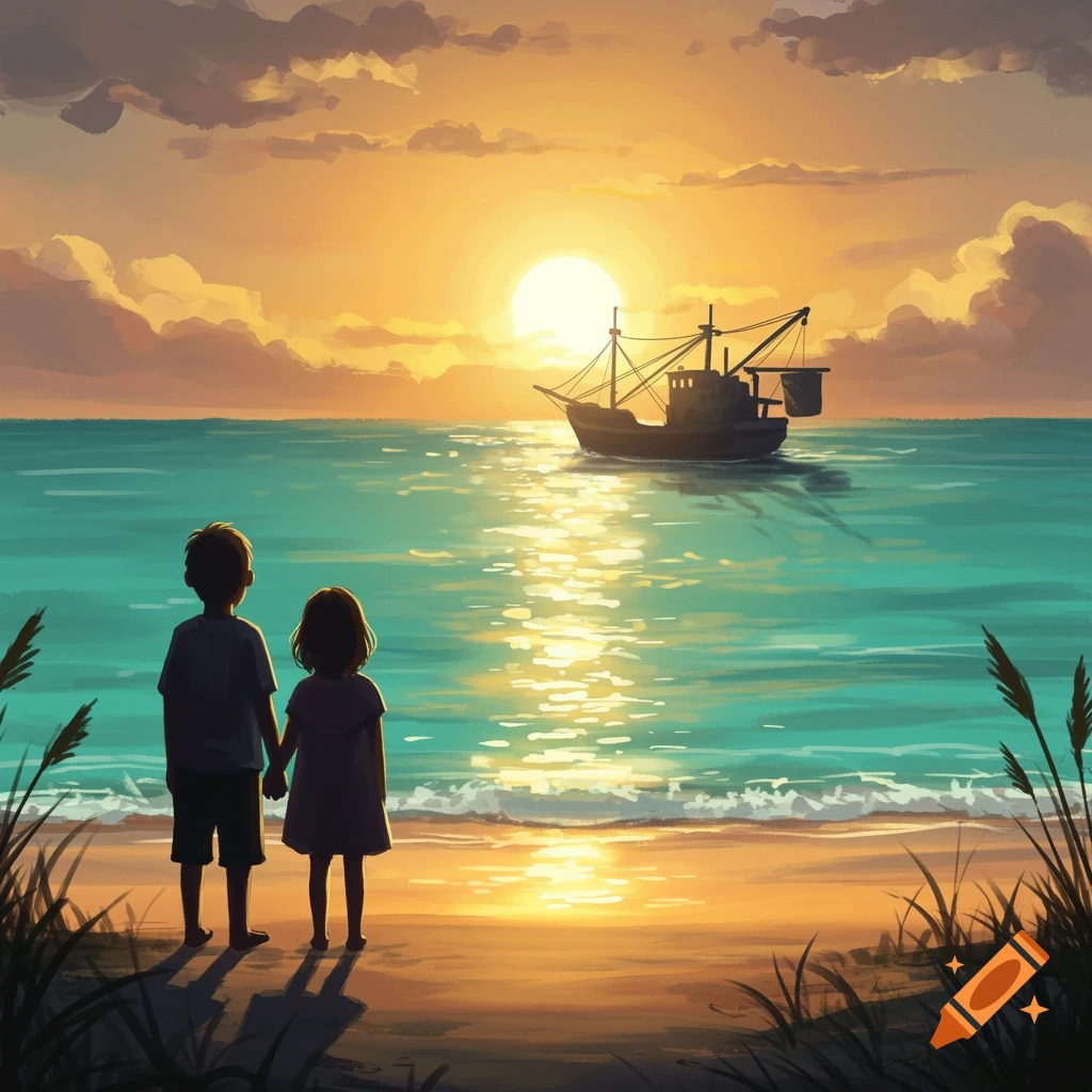 Illustration of a boy and girl holding hands on a beach at sunset, watching a fishing boat on the ocean.