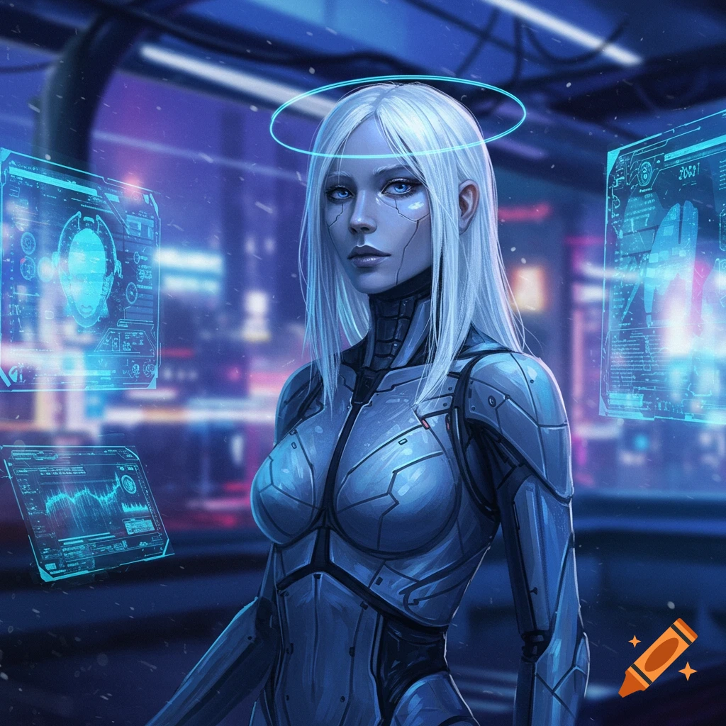 A white-haired cybernetic woman with a halo in a metallic suit stands in a neon-lit cyberpunk city with holographic screens.