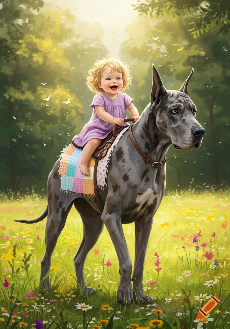 A happy toddler girl rides a large Great Dane dog through a sunny, flowery meadow. Illustration.