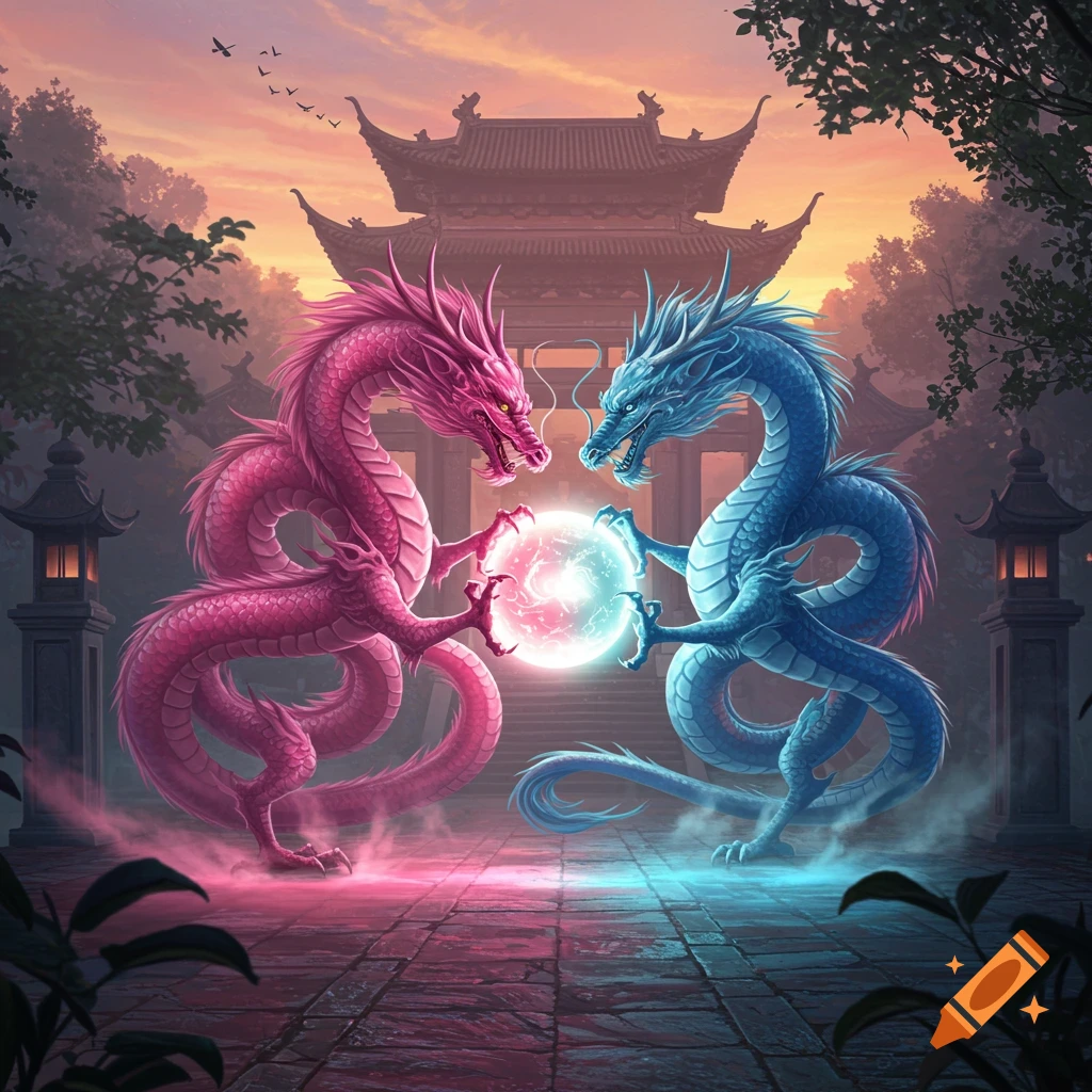 Vibrant illustration of a pink and a blue Chinese dragon holding a glowing light ball in a temple courtyard at sunset.