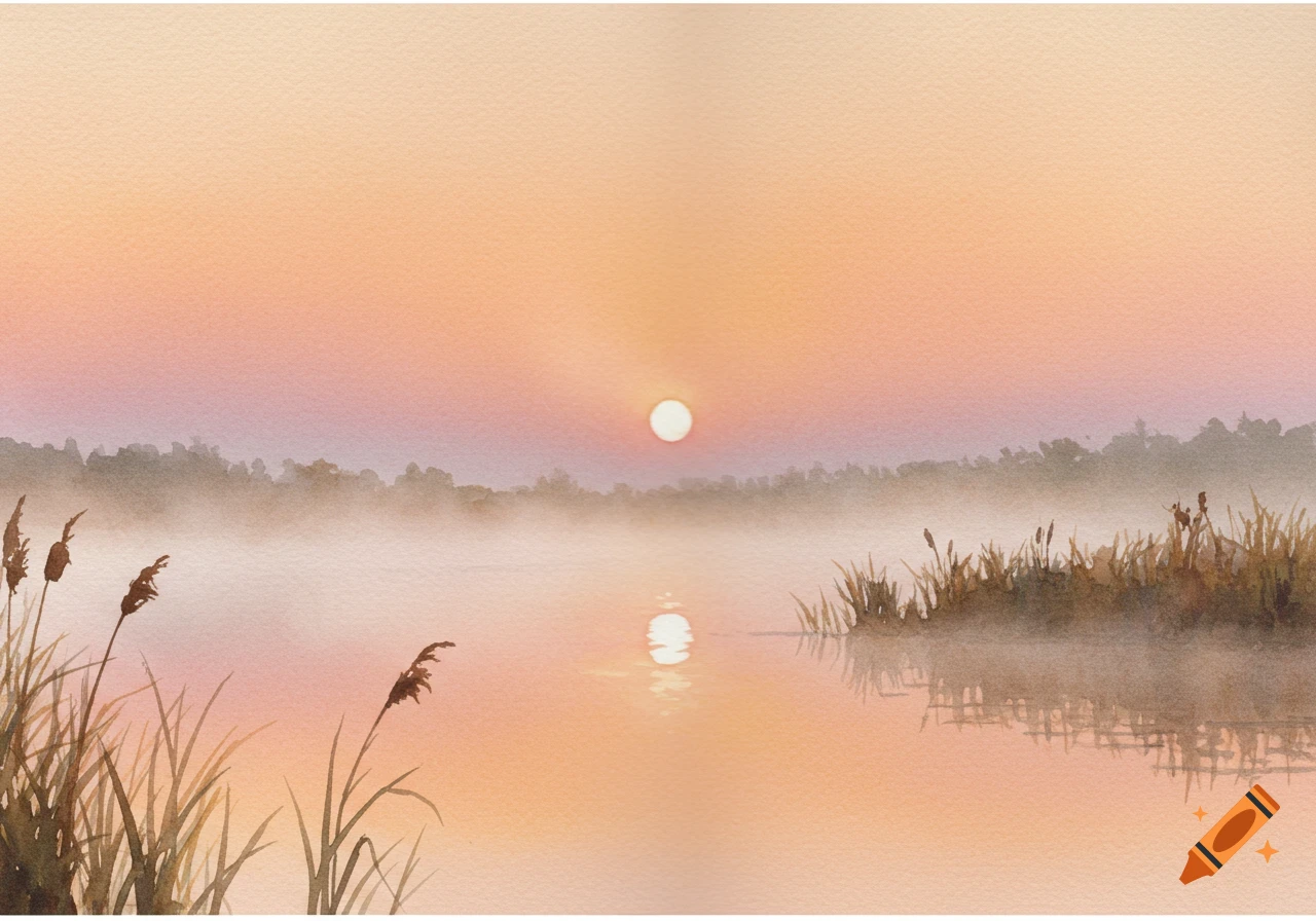 Watercolor painting of a sunrise over a misty lake with reeds in the foreground.