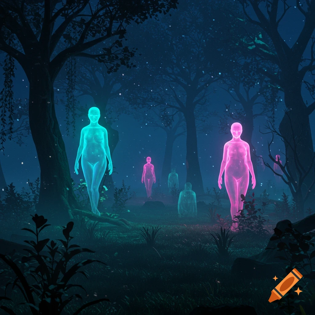 Translucent glowing teal and pink ghost-like figures stand in a dark, misty forest under a starlit sky.