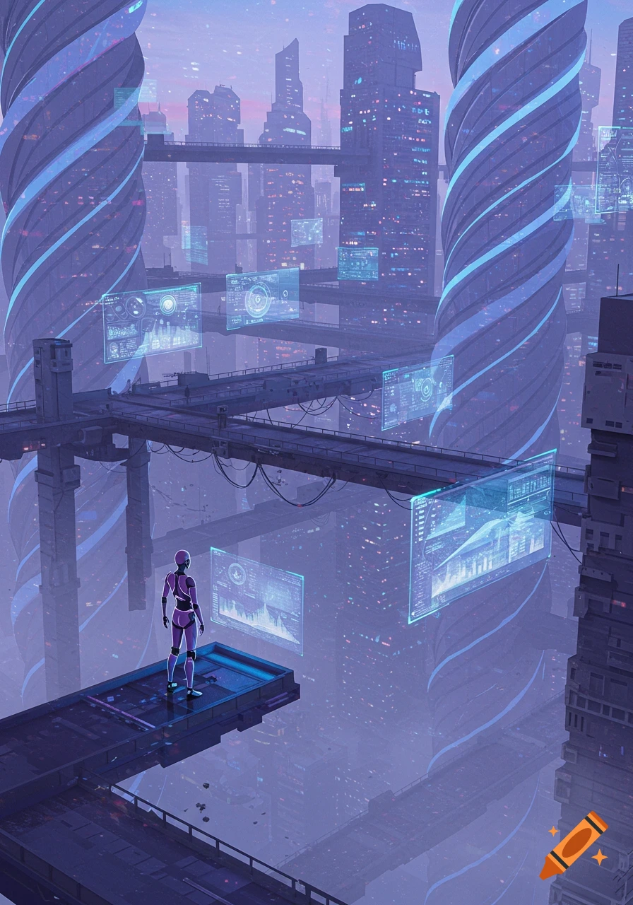 A purple robot stands on a platform overlooking a futuristic city with towering spiral buildings and glowing holographic data screens. Digital art.
