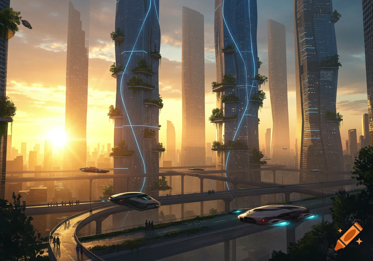 A photorealistic futuristic cityscape with tall skyscrapers, flying vehicles on elevated highways, and a bright sunrise.