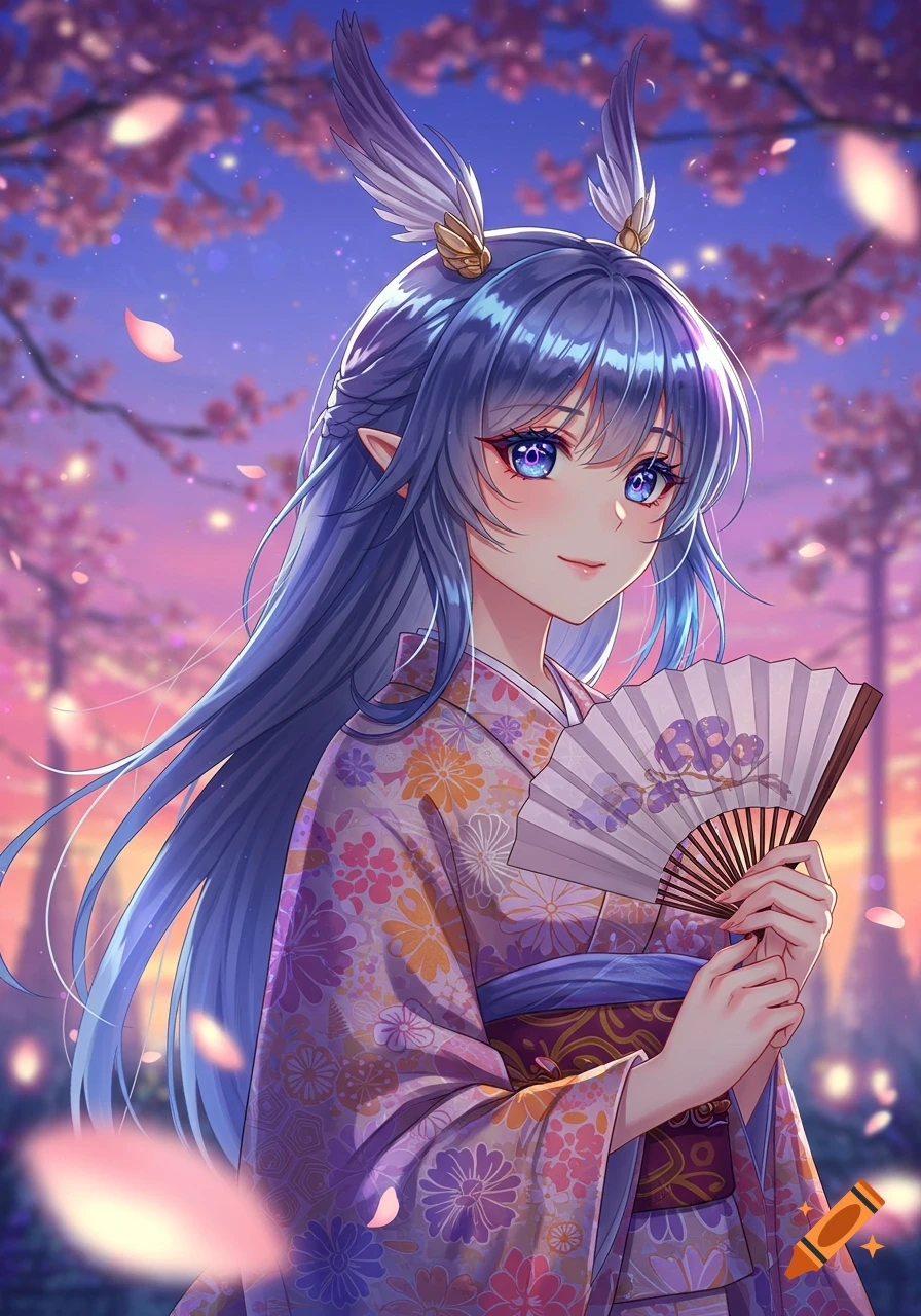 An anime girl with long blue hair, elf ears, and winged ornaments, wearing a floral kimono, holds a fan under cherry blossoms at dusk.